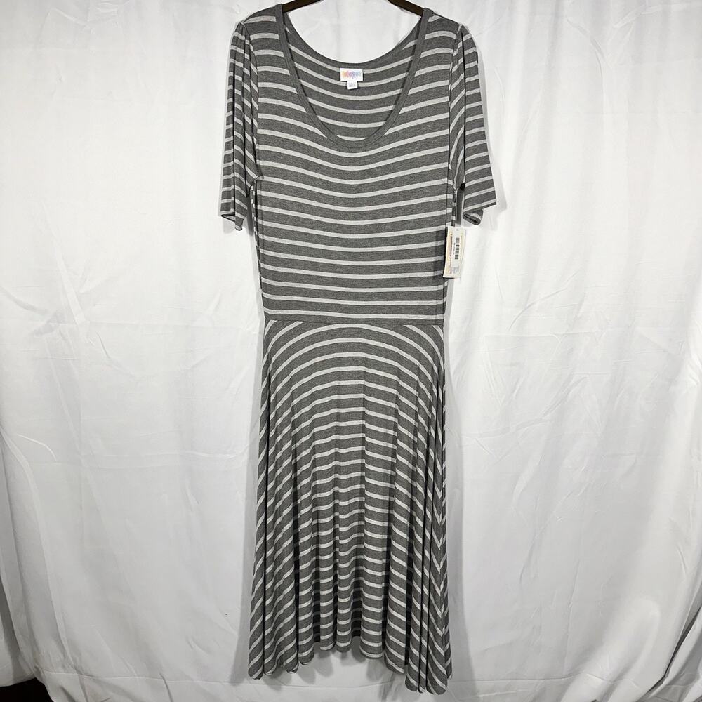 LuLaRoe Nicole Grey Striped Fit and Flare Dress NWT Large Knee Length Scoop Neck